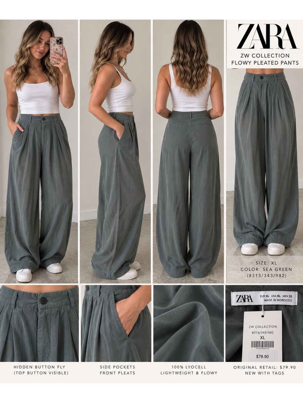 NWT Zara Flowy Pleated Pants XL Gray Green Wide Leg